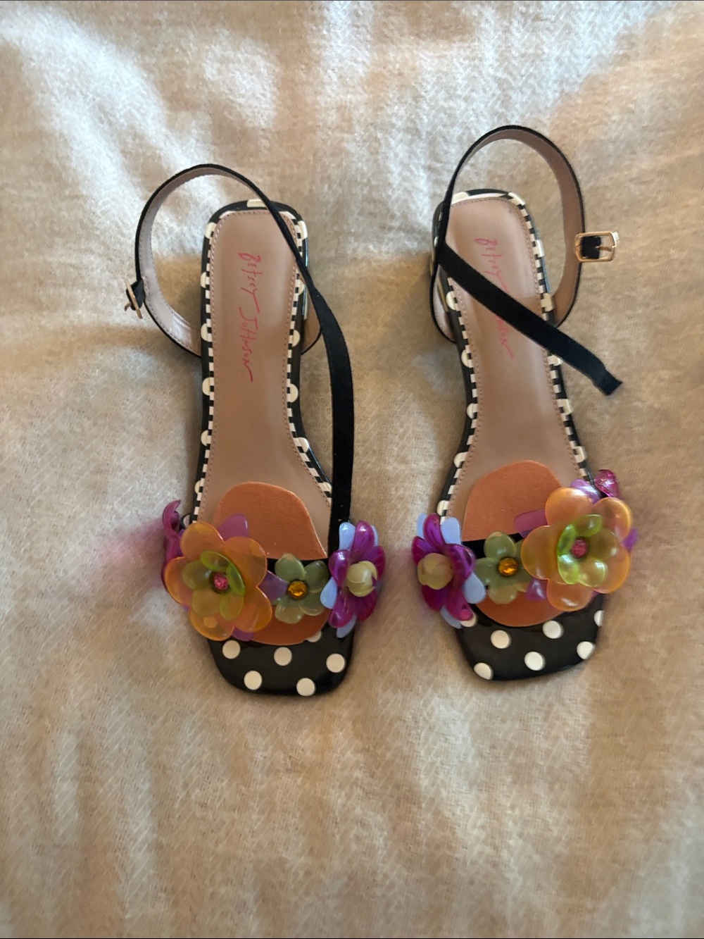Betsey Johnson Black Polka Dot Sandals with Multicolor Floral Accents - 9.5
